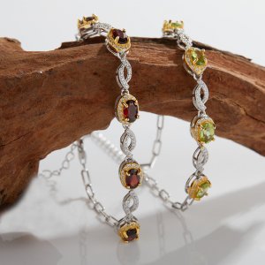 S925 Sterling Silver Natural Garnet Peridot and Colorful Gemstone Bracelet for Women